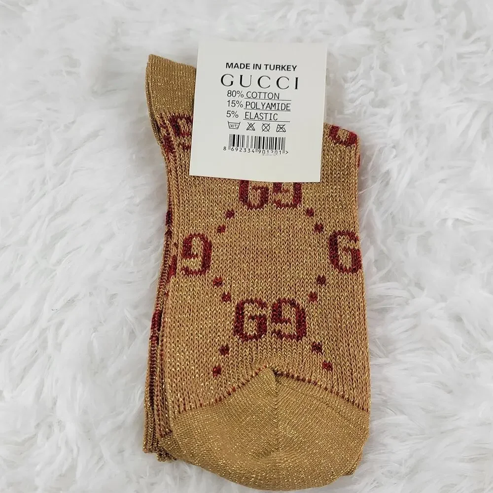 Gucci Crew Socks Unisex GG Logo Metallic 100% Authentic Beige Red Luxury New
